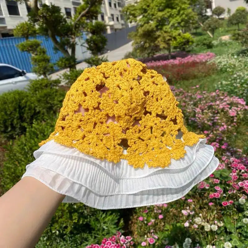 Lace Knitted Hollow Large Brim Korean Bucket Hat