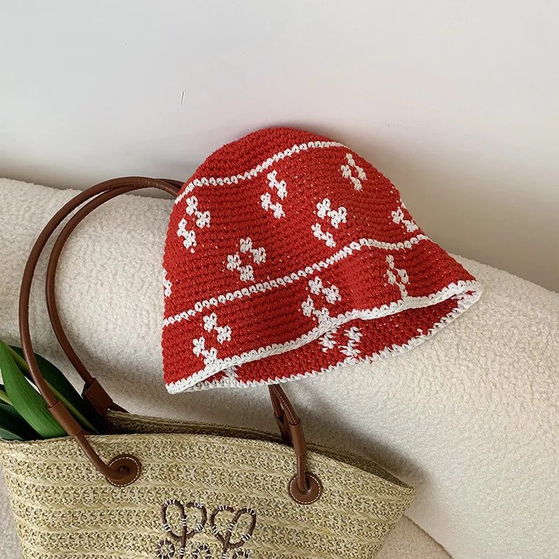 Korean Flower Crochet Handmade Panama Bucket Hat