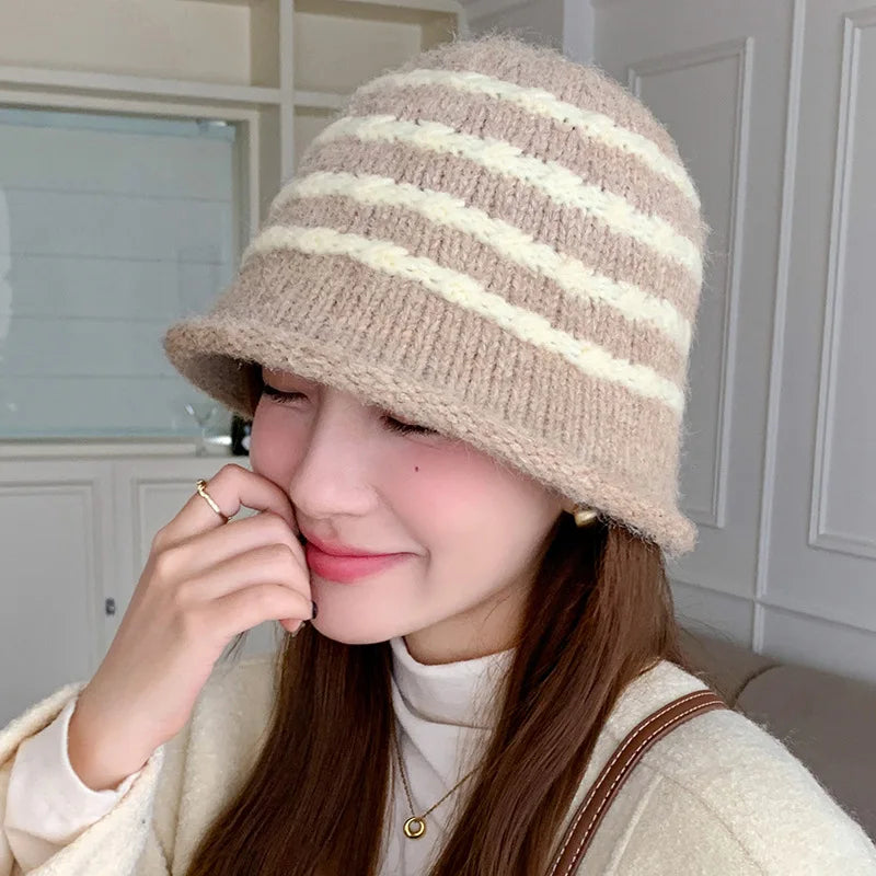 Korean Style Striped Knitted Winter Bucket Hat