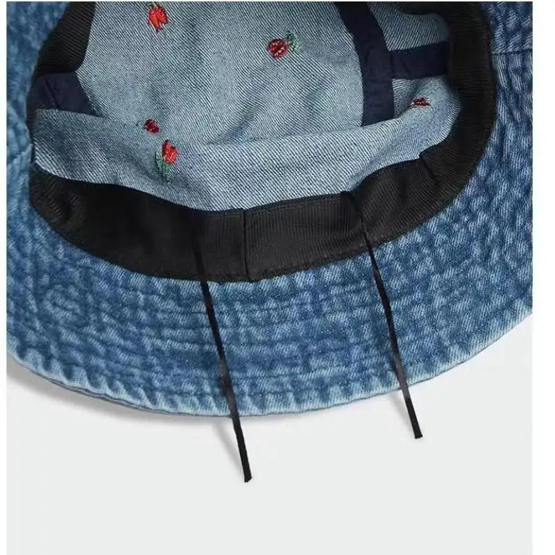 Bucket Hat Women Denim Embroidered Flower Summer Hats