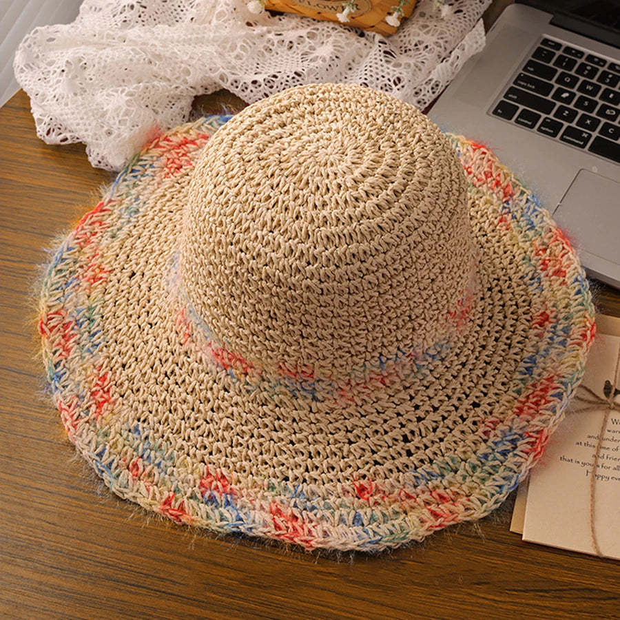 Colorful Woven Straw Wide Brim Bucket Hat