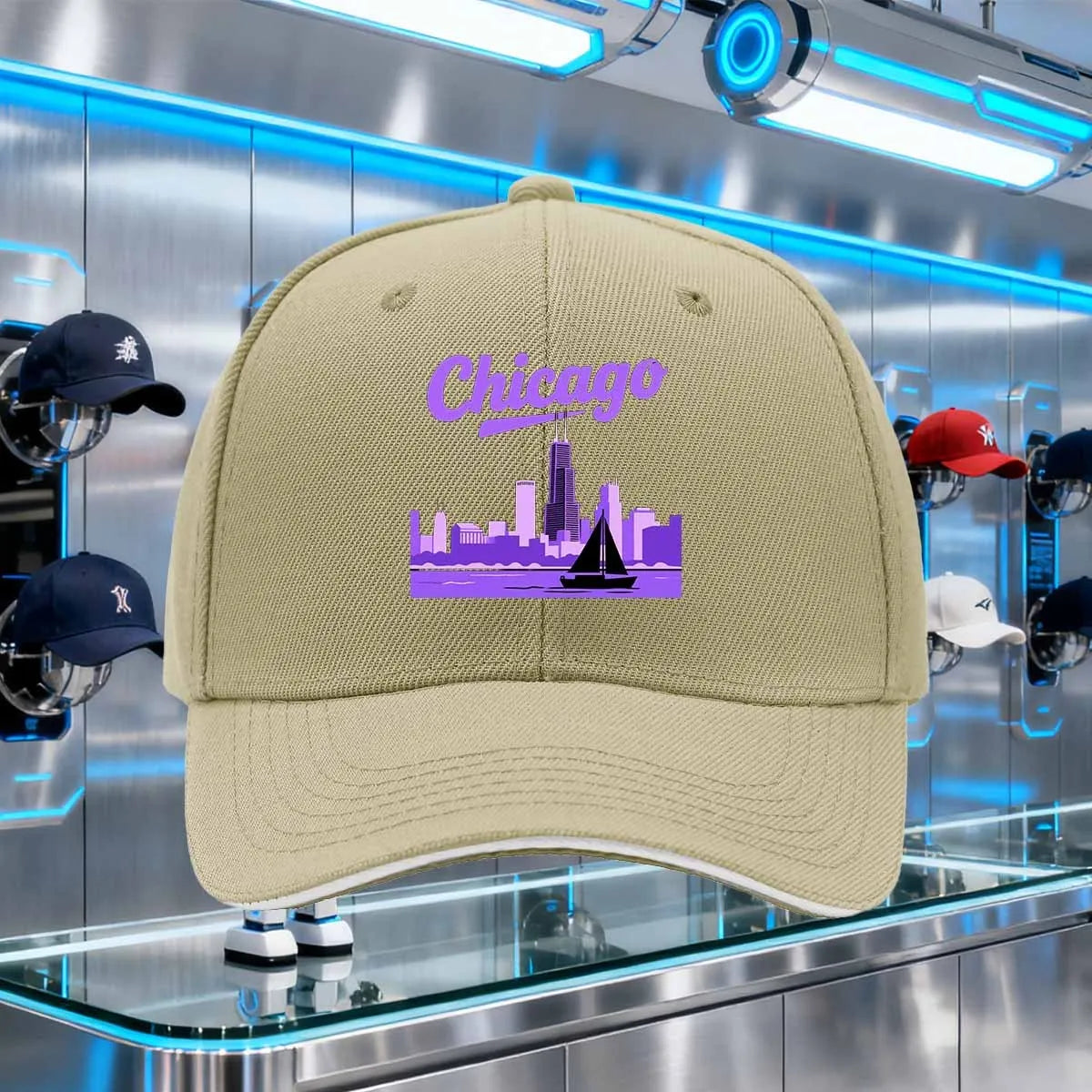 Chicago Skyline Sailboat Graphic Baseball Cap
