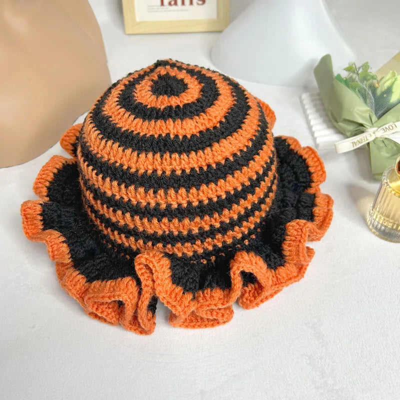 Womens Acrylic Knitted Wide Brim Bucket Hat