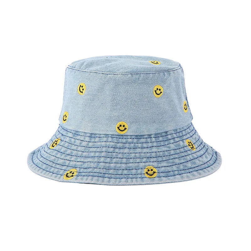 Cute Smiley Embroidered Washed Denim Summer Bucket Hat