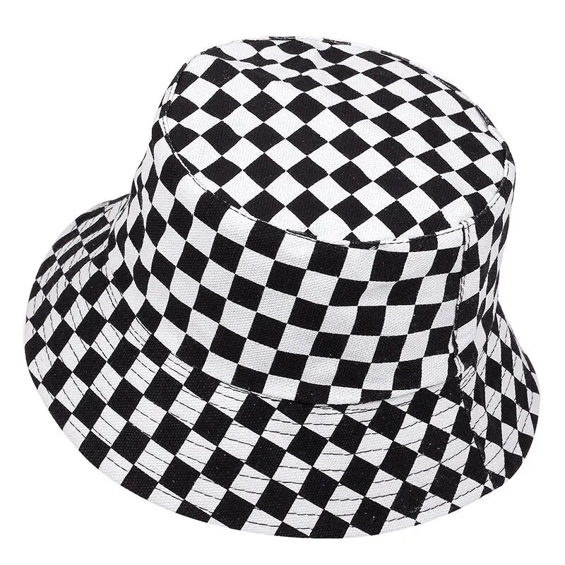 Unisex Black White Checkered Printing Personality Bucket Hats