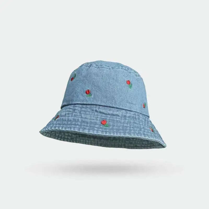 Bucket Hat Women Denim Embroidered Flower Summer Hats