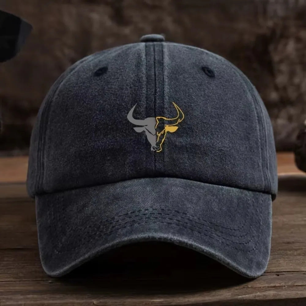 Washed Cotton Bull Head Printed Adjustable Baseball Cap