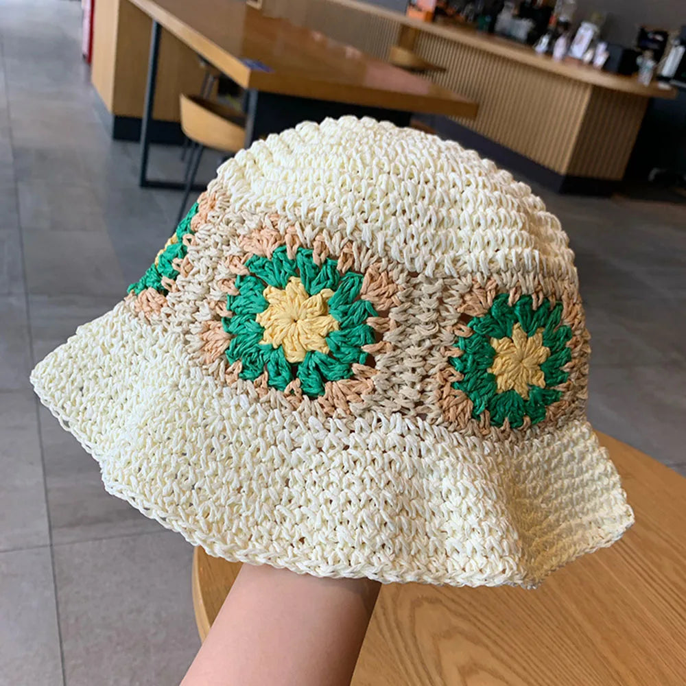 Women Crochet Straw Beach Fisherman Bucket Hat