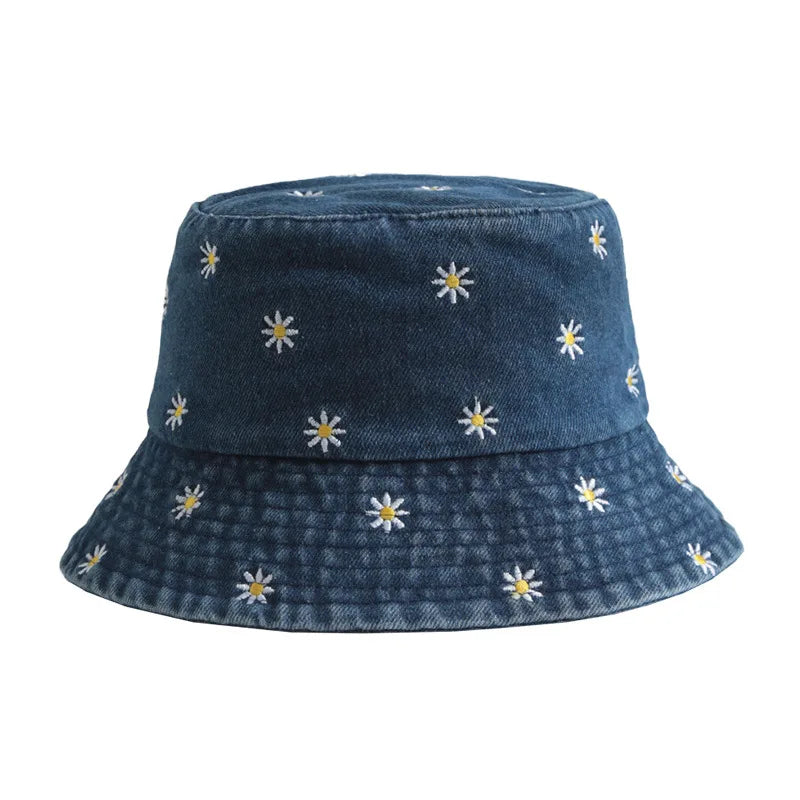 Unisex Daisy Embroidered Denim Bucket Hat