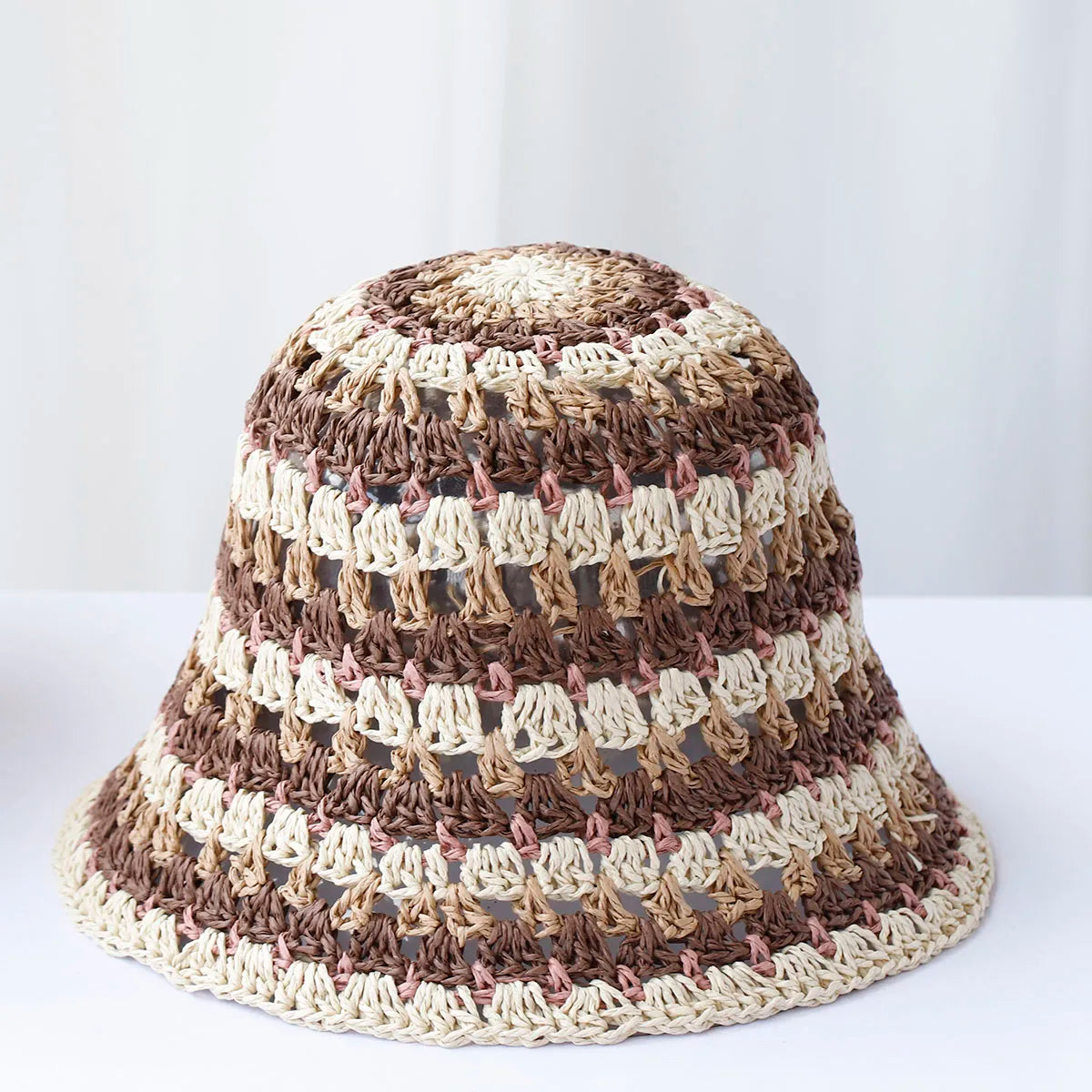 Womens Striped Rainbow Crochet Sun Bucket Hat