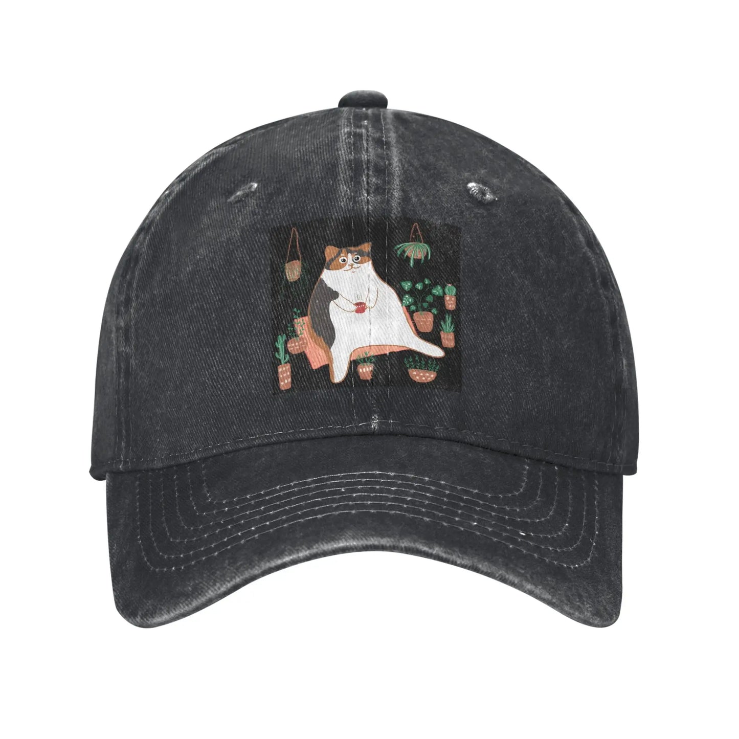 Calico Cat With Pot Plants Denim Adjustable Baseball Cap