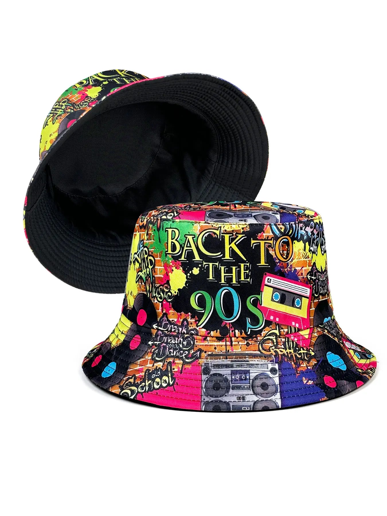 Retro 90s Graffiti Reversible Foldable Bucket Hat