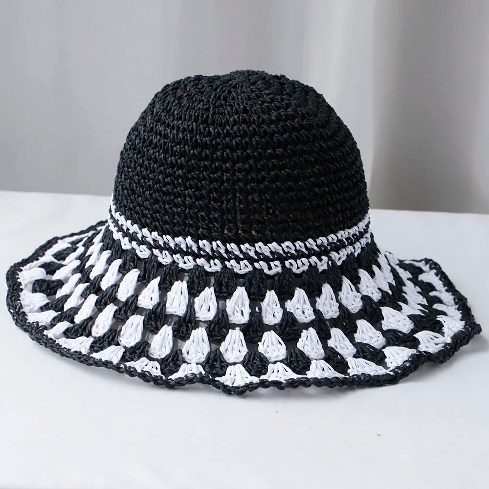 Green Korean Handmade Straw Summer Beach Bucket Hat