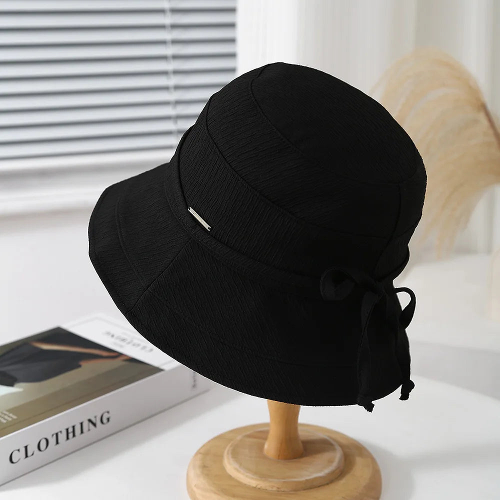 Korean Style Bow Plaid Foldable Bucket Hat