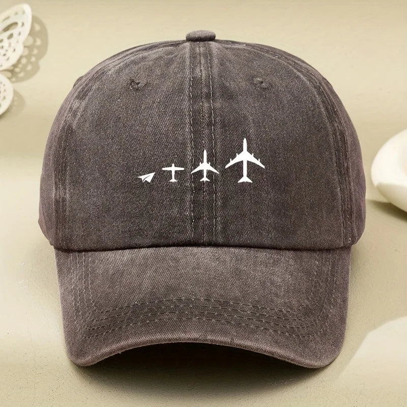 Retro Airplane Print Washed Baseball Cap