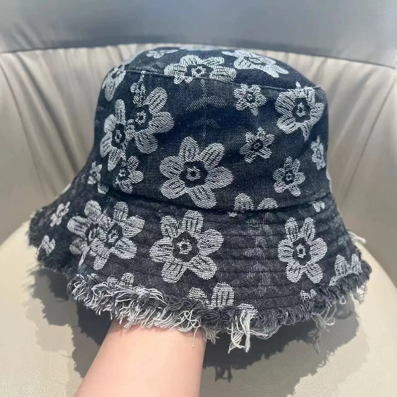 Korean Floral Print Washed Denim Summer Bucket Hat