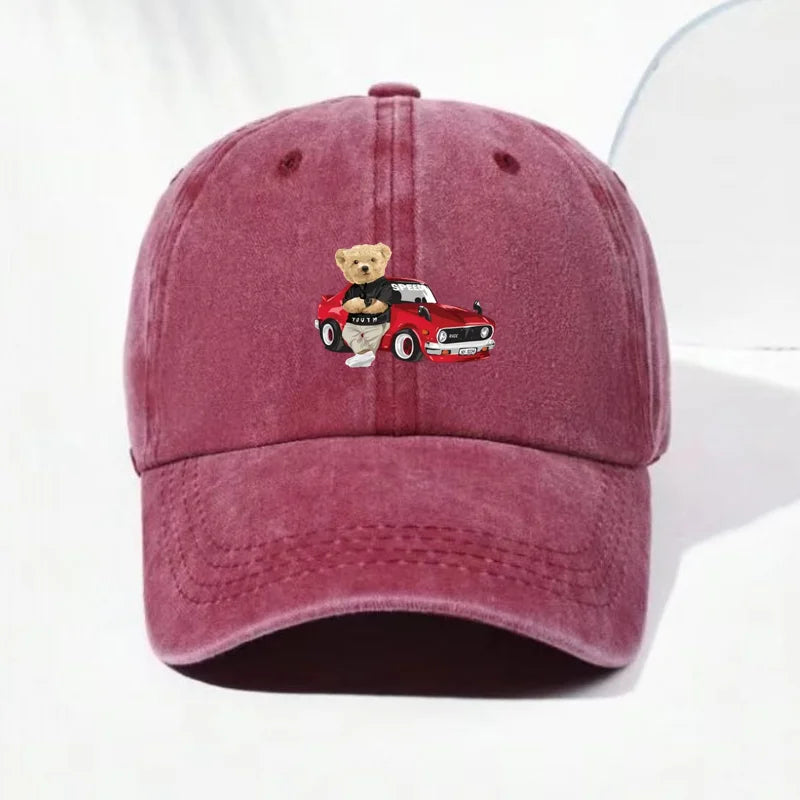 Vintage Washed Cotton Teddy Bear Pattern Baseball Cap