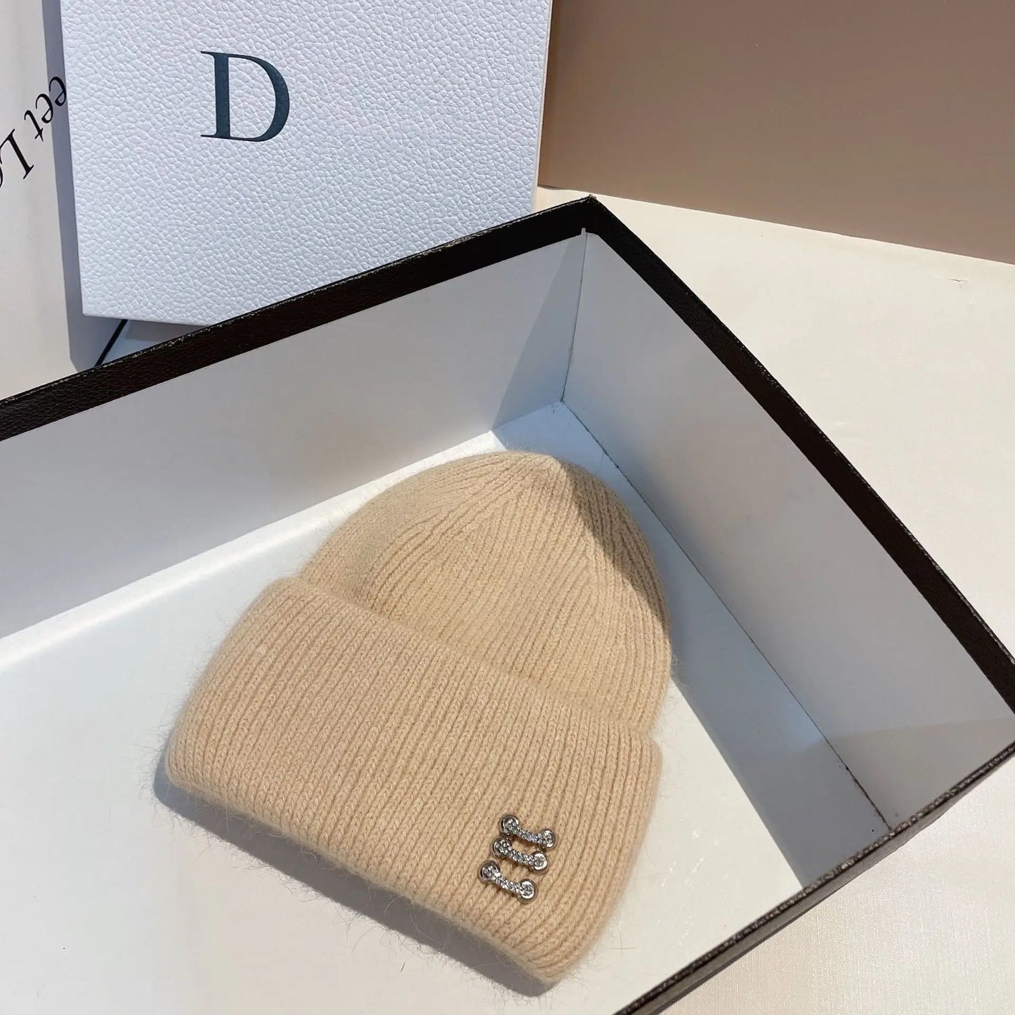 Trendy Ring Buckle Detail Rabbit Hair Knitted Hat