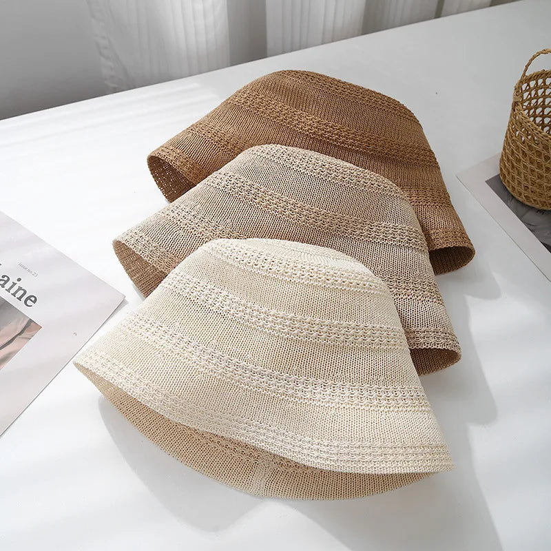 Spring Summer Hat Women Hollow Breathable Knitted Bucket Hat