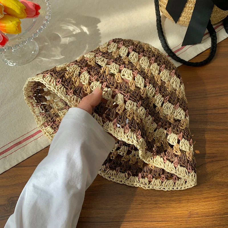 Colorful Dopamine French Hollow Straw Bucket Hat