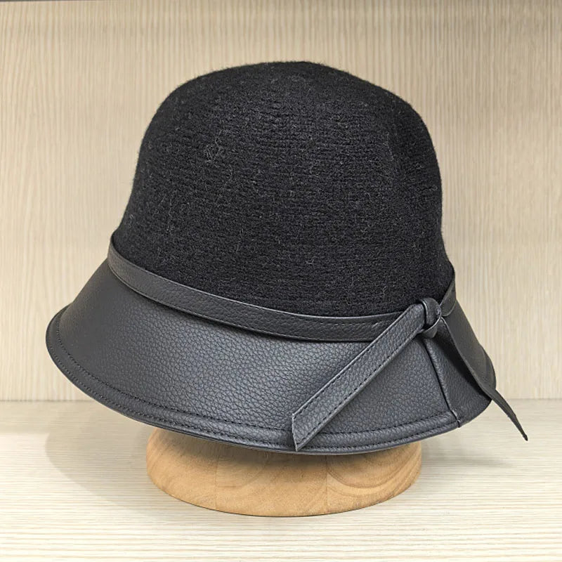 PU Leather Patchwork Wool Bucket Hat