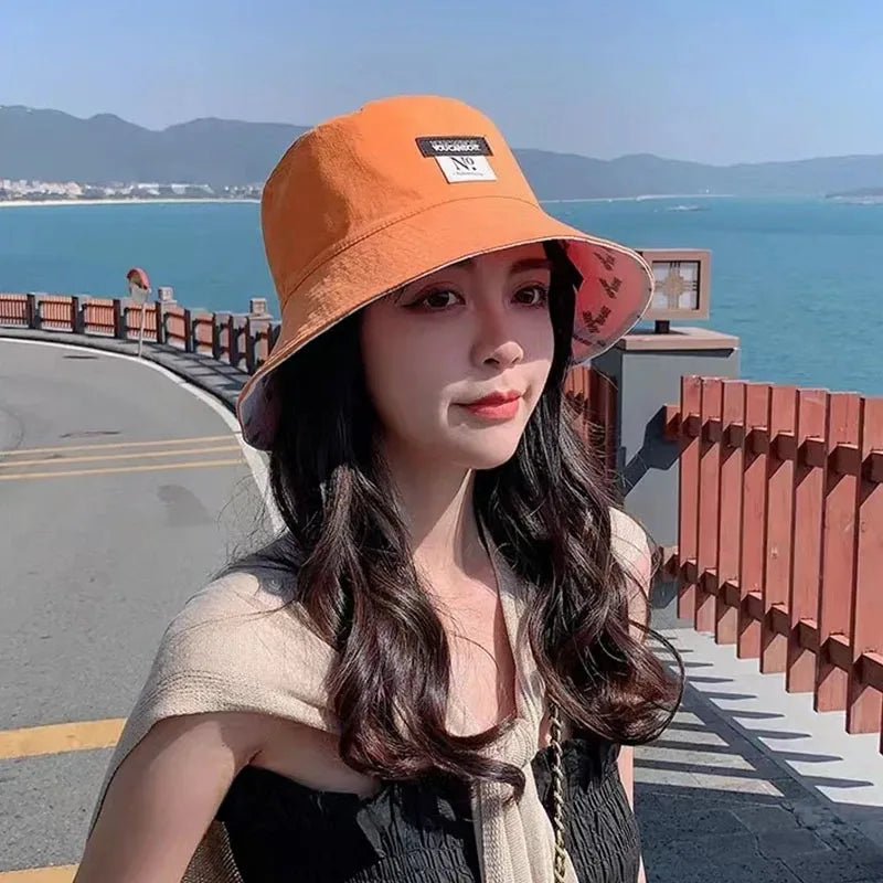 Reversible Korean Letter Print Summer Women Bucket Hat