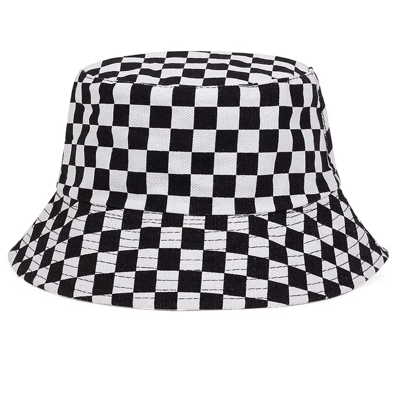 Unisex Black White Checkered Printing Personality Bucket Hats