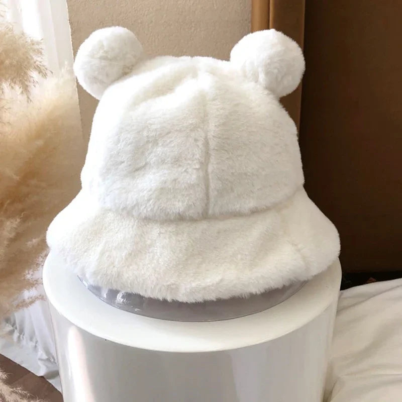 Women's Fluffy Bear Ear Bucket Hat