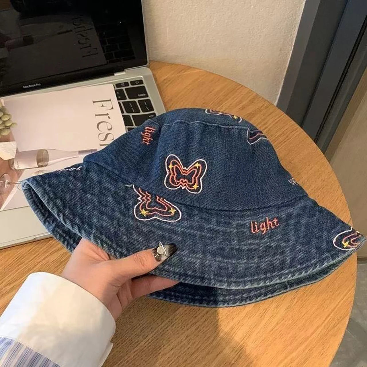 Butterfly Embroidered Washed Denim Wide Brim Bucket Hat