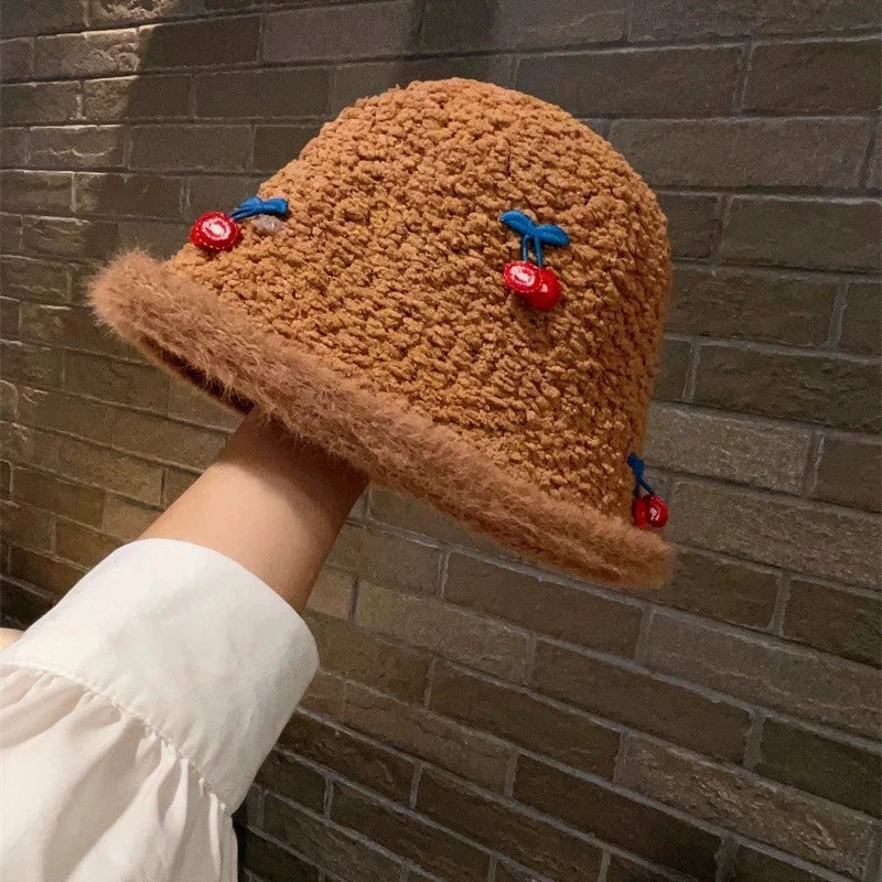 White Plush Cherry Winter Bucket Hat