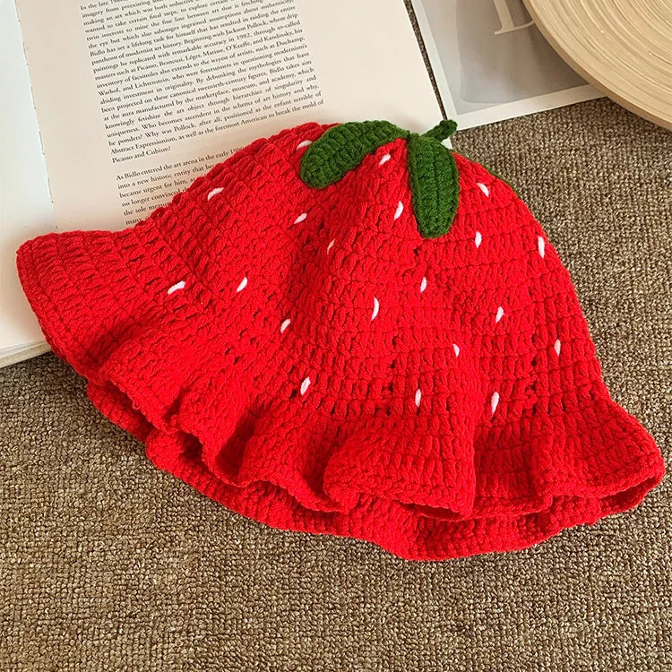 3D Strawberry Crochet Ruffle Bucket Hat