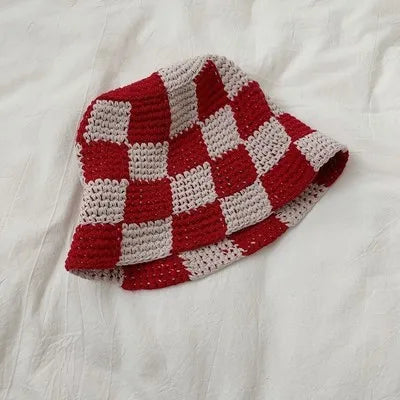 Korean Handmade Crochet Plaid Fisherman Bucket Hat