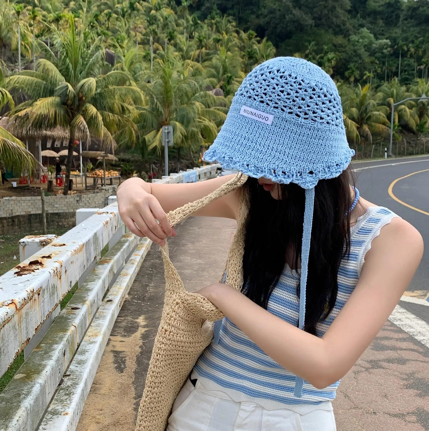 Womens Blue Woven Fisherman Large Brim Bucket Hat