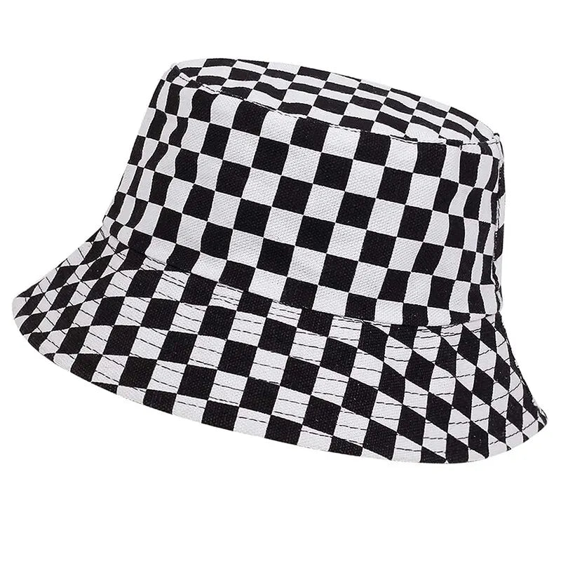 Unisex Black White Checkered Printing Personality Bucket Hats