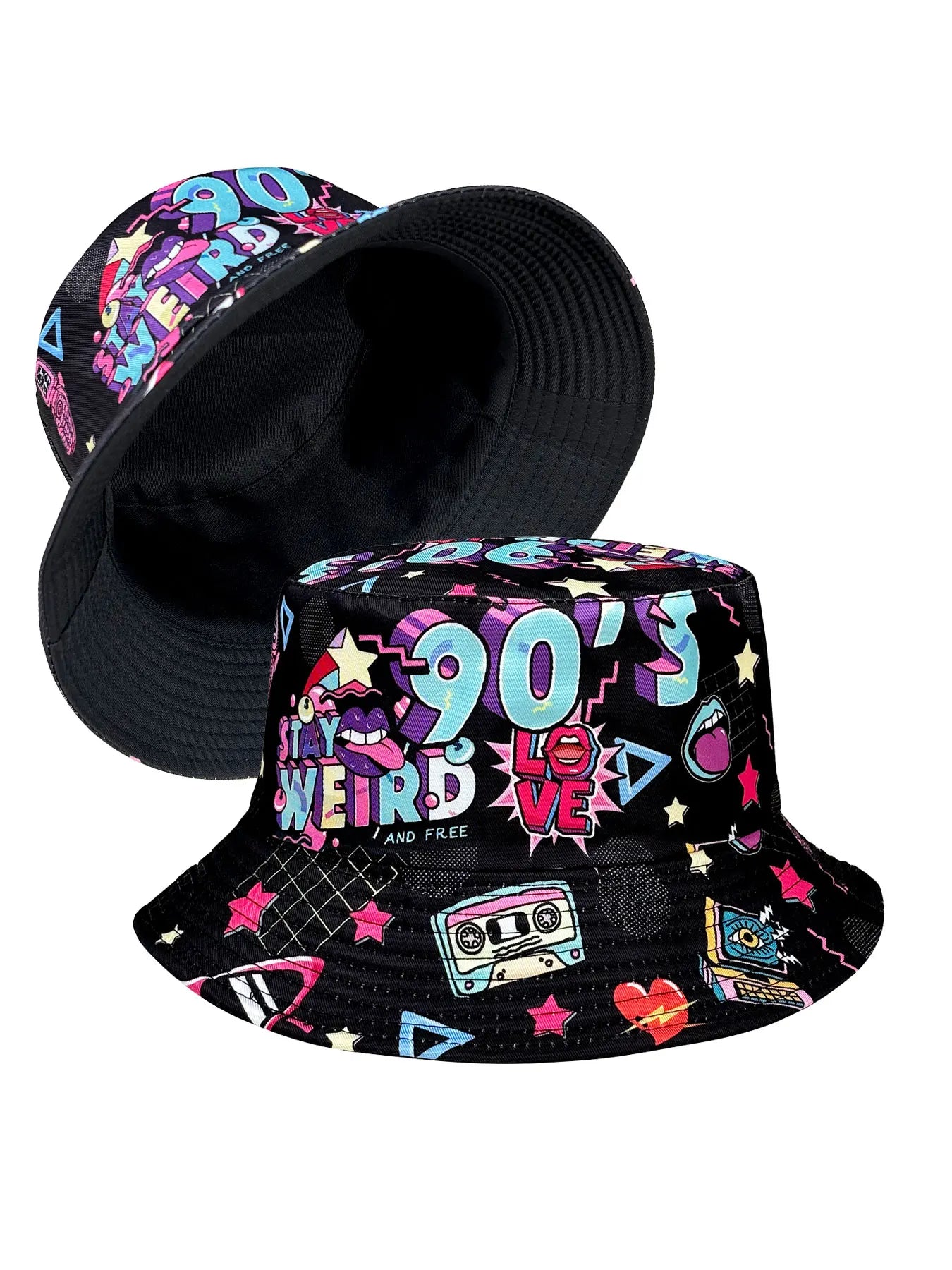 Abstract 90S Black Reversible Foldable Bucket Hat