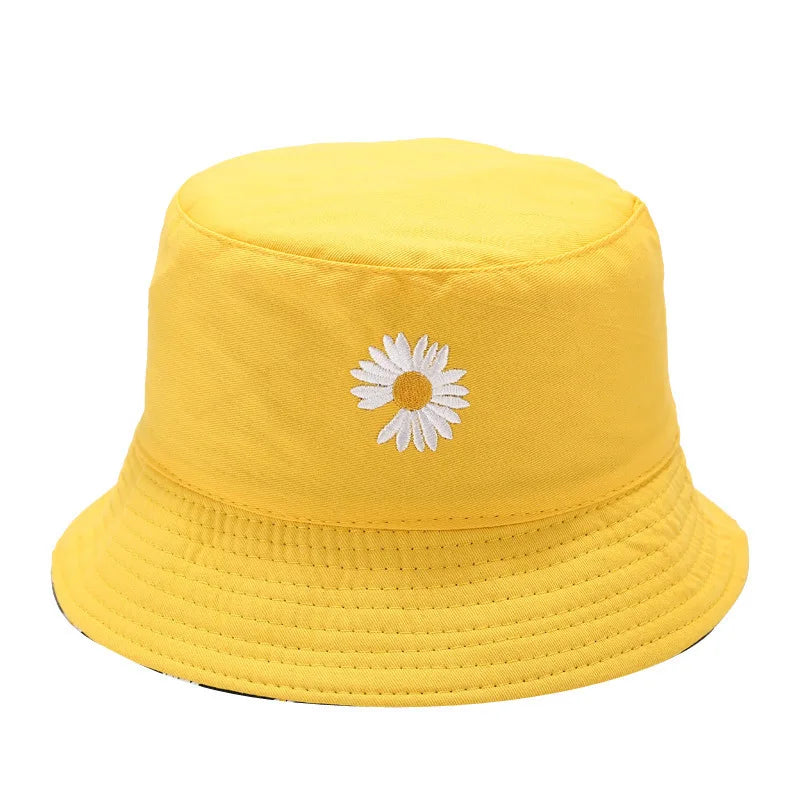 Korean Daisy Embroidered Double-Side Tropical Bucket Hat