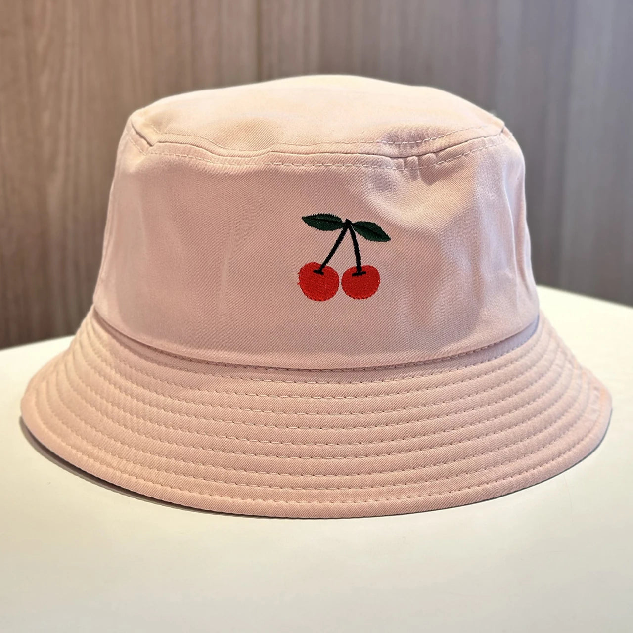 Solid Color Cherry Embroidered Cotton Bucket Hat