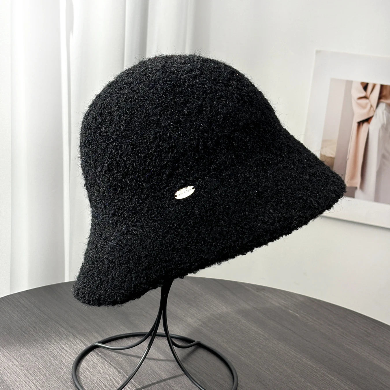 Woolen Letter Metal Logo Warm Bucket Hat