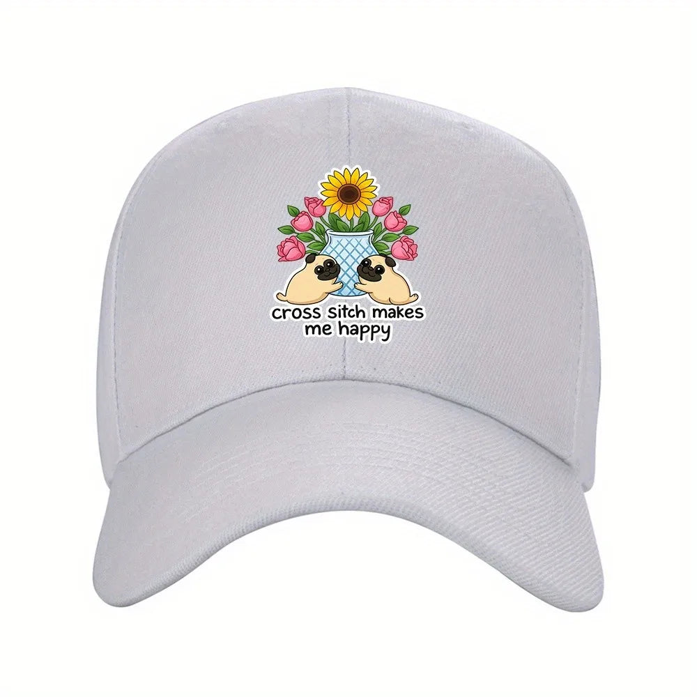 Cross Stitch Makes Me Happy Pug Sunflower Floral Baseball Cap