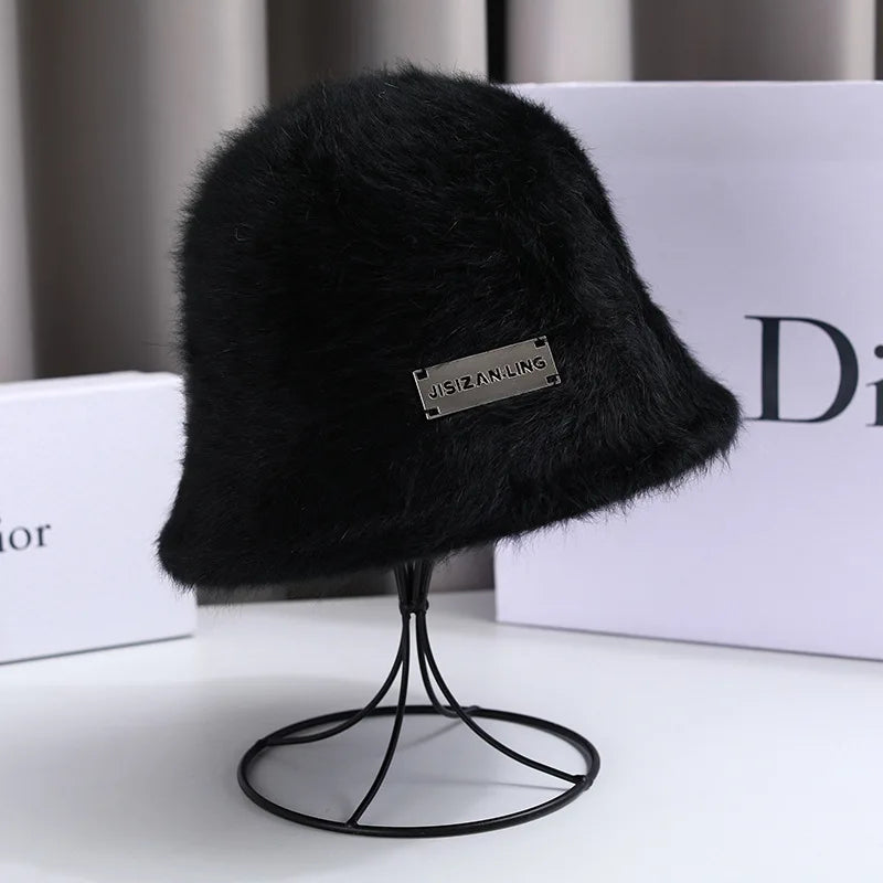 Korean Iron Letter Rabbit Fur Bucket Hat