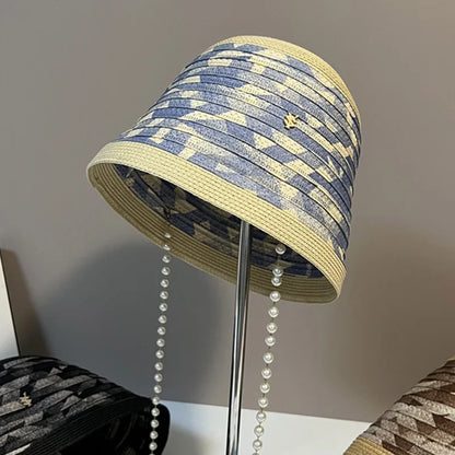 Luxury Pearl Chain Straw Bucket Hat