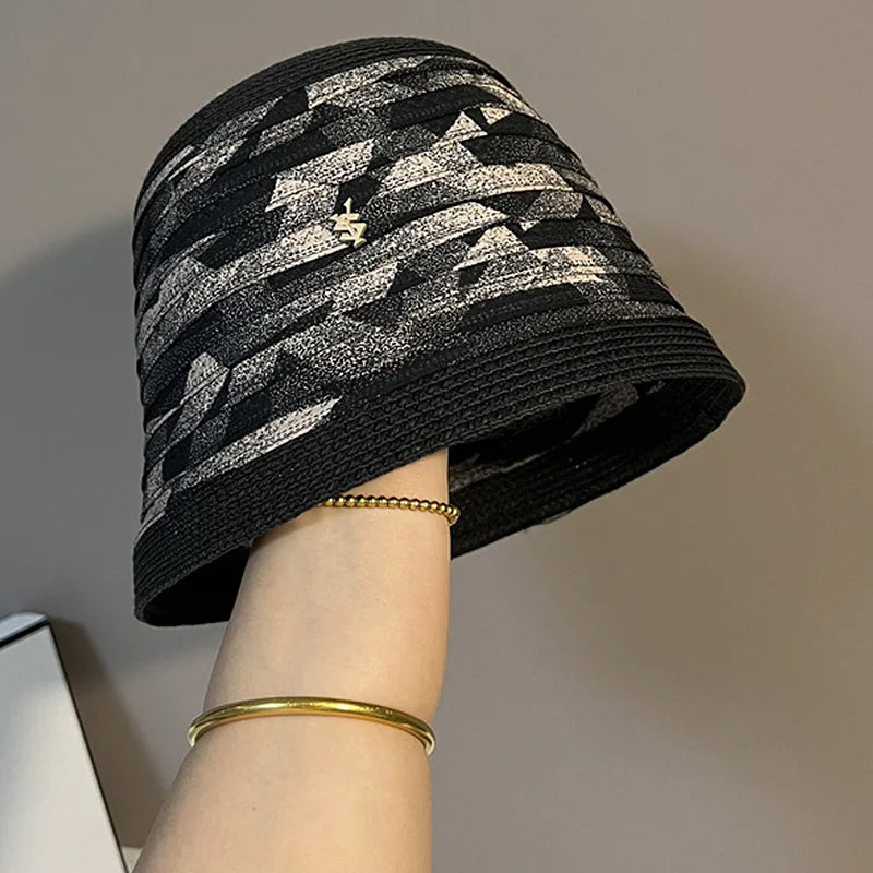 Luxury Pearl Chain Straw Bucket Hat