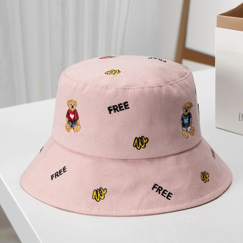 Korean Bear Embroidery Cartoon Leisure Bucket Hat