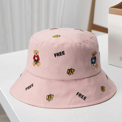Korean Bear Embroidery Cartoon Leisure Bucket Hat