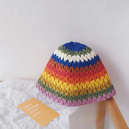 Rainbow Crochet Straw UV Sun Bucket Hat