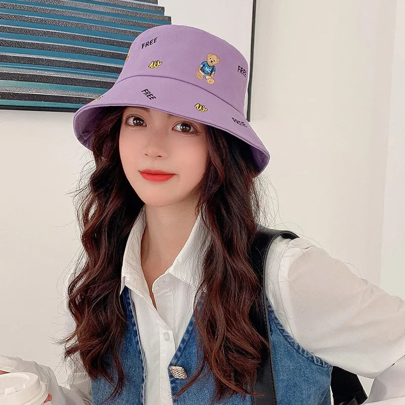 Korean Bear Embroidery Cartoon Leisure Bucket Hat