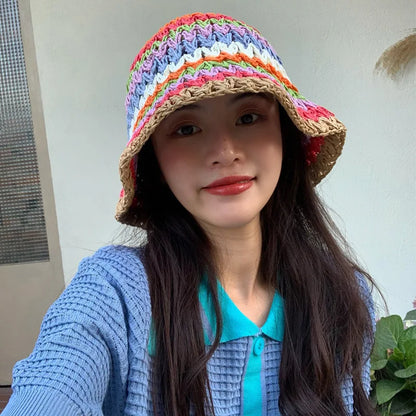 Rainbow Crochet Straw UV Sun Bucket Hat