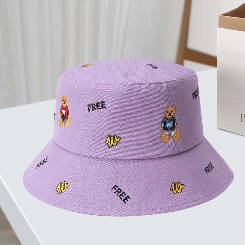 Korean Bear Embroidery Cartoon Leisure Bucket Hat