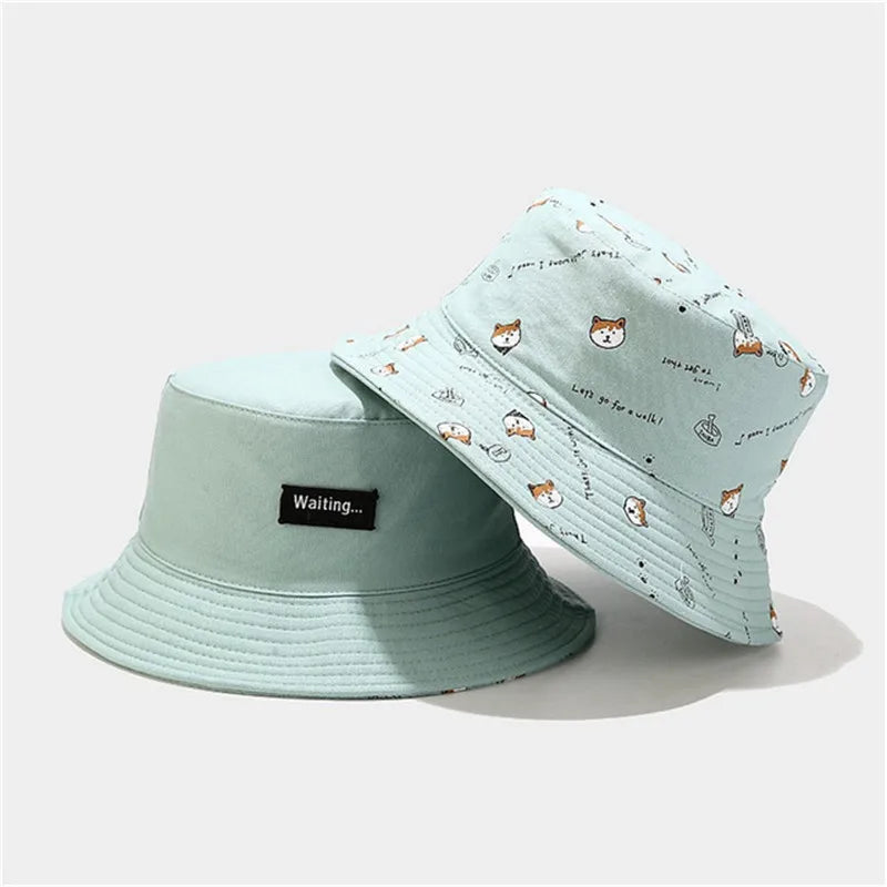 Unisex Cotton Double-Sided Dog Print Bucket Hat – Travel Sun Cap