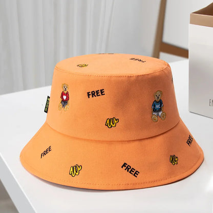 Korean Bear Embroidery Cartoon Leisure Bucket Hat